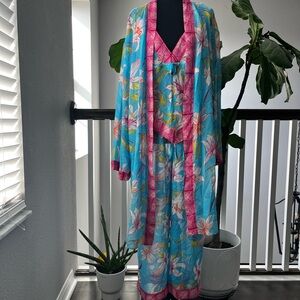 Valerie Stevens‎ 3 Piece Pajama Sleepwear Set Size Large Robe Tank Pants Floral